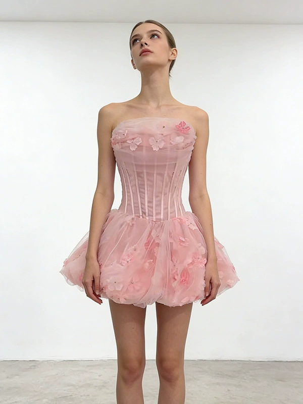 Alviva Strapless Floral Corset Bubble Mini Dress In Pink