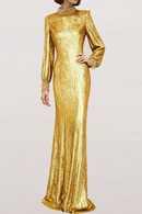 Farjana Long Sleeve Crystal Neck Sequin Maxi Dress In Gold
