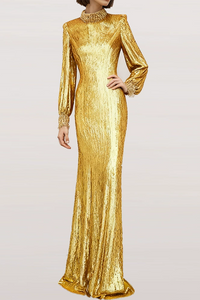 Farjana Long Sleeve Crystal Neck Sequin Maxi Dress In Gold