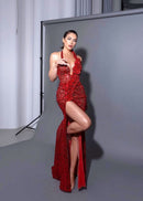Cimberleigh Halter Floral Detail Sequin Maxi Dress In Red