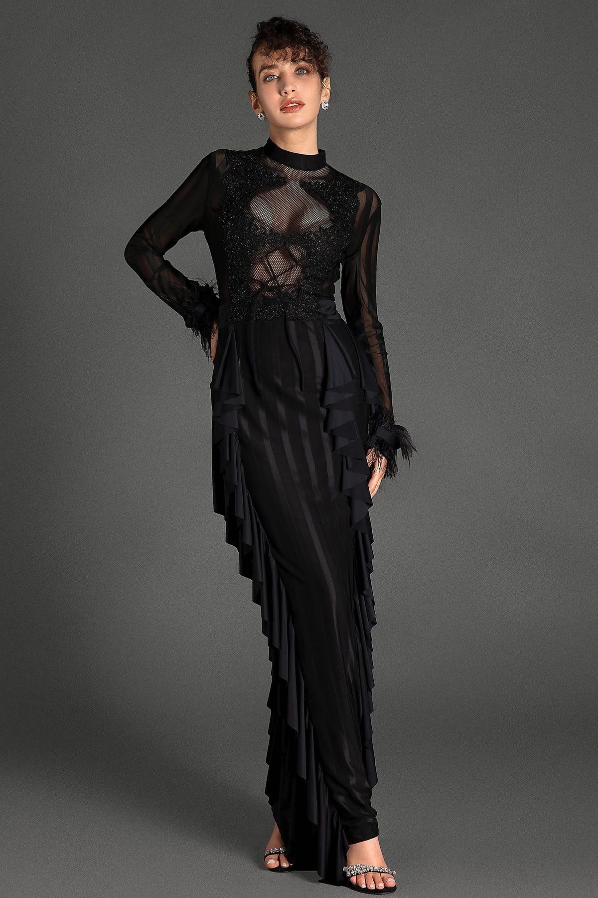 Belsune Long-Sleeve Lace Maxi Dress In Black