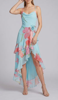 Ares Floral-Print Ruffled Silk Midi Dress In Light Blue