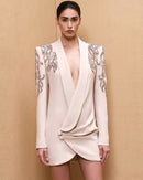 Katrina Long Sleeve Crystal Draped Blazer Dress In Ivory