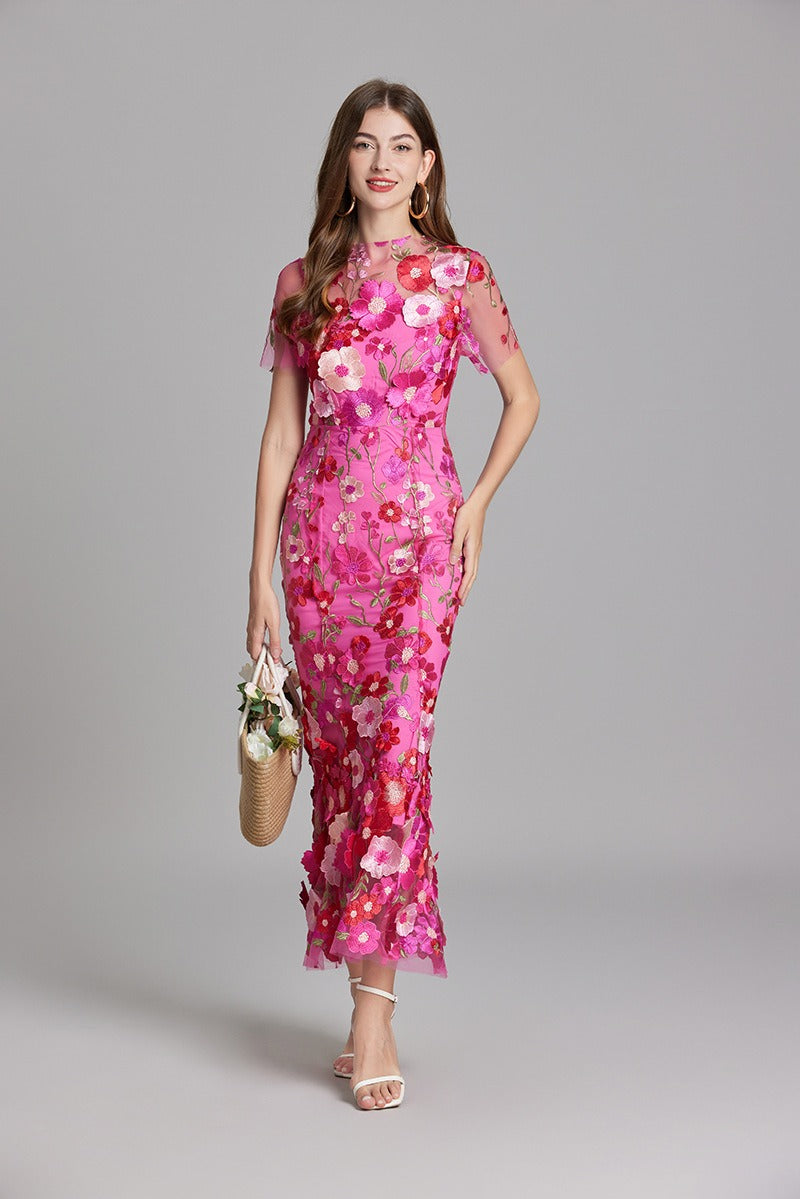 Chesley Floral Embroidery Mesh Fishtail Midi Dress In Pink
