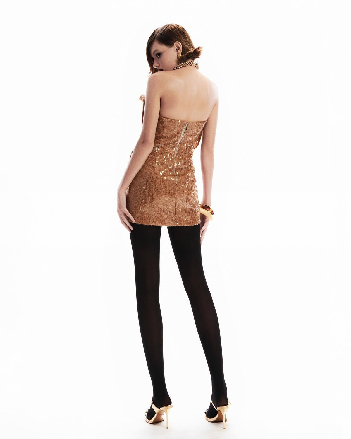 Jawahir Strapless Sequin Floral Ruffle Mini Dress In Brown