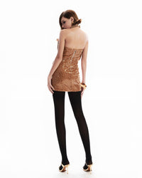 Jawahir Strapless Sequin Floral Ruffle Mini Dress In Brown