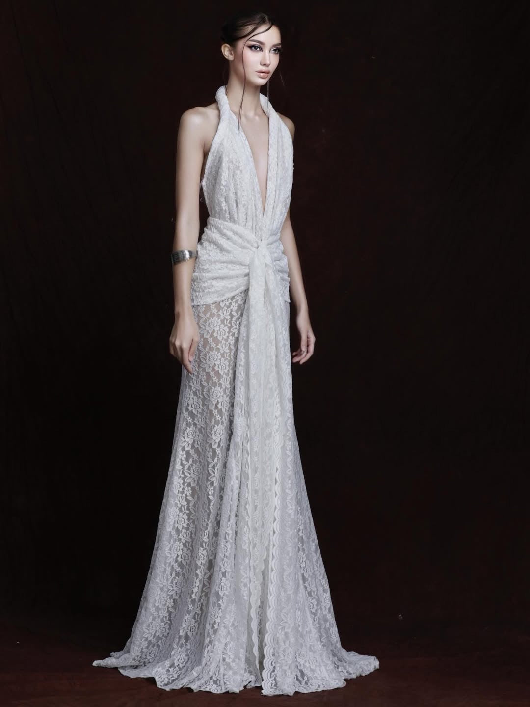 Cevina Plunge Neck Lace Split Maxi Dress