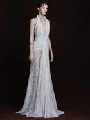 Cevina Plunge Neck Lace Split Maxi Dress