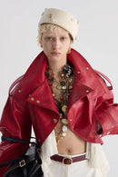 Amsvek Red High Neck Aysmmetrical Oversized Jacket