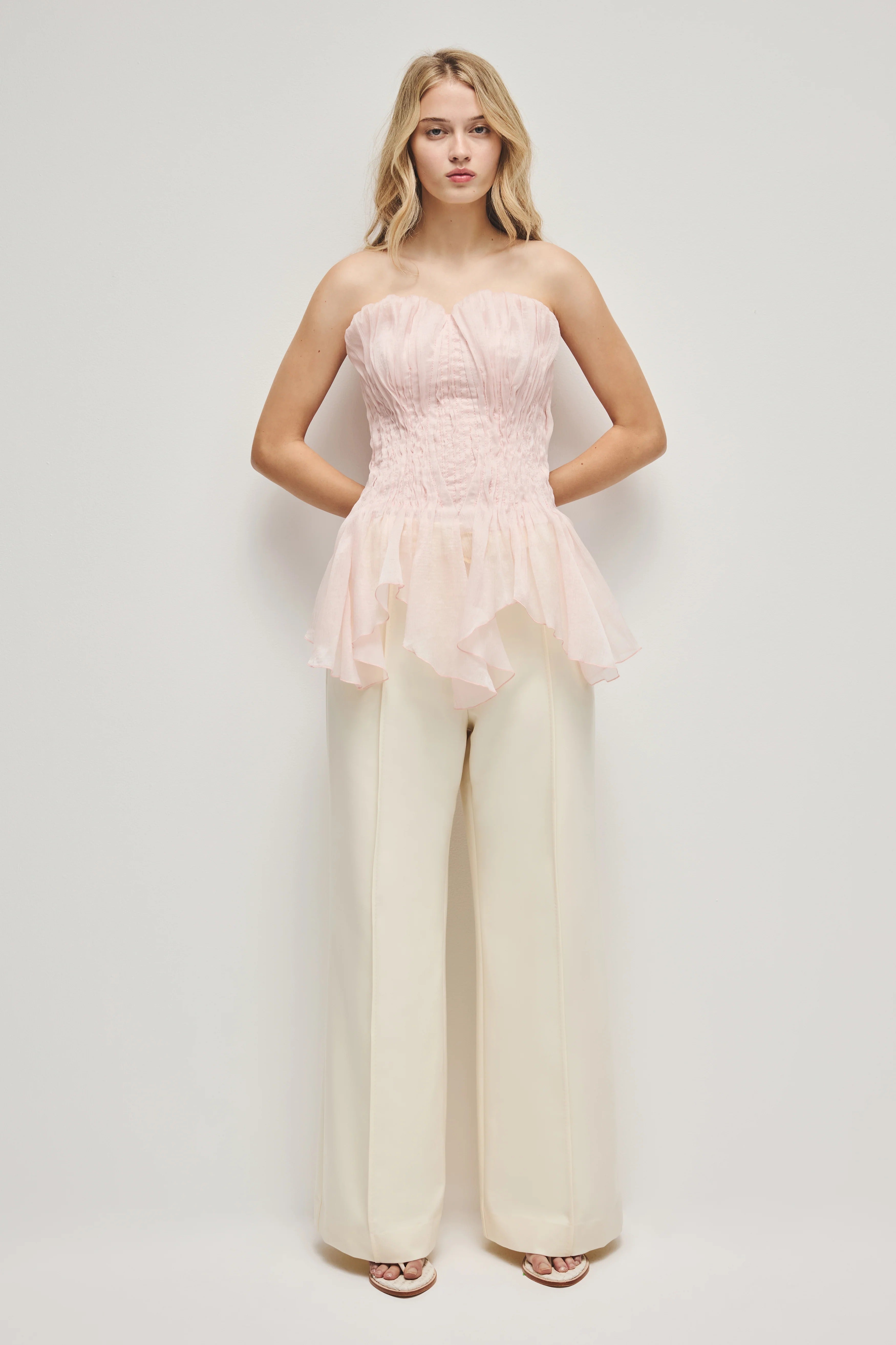 Triven Mesh Ruffled Pleated Top