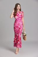Chesley Floral Embroidery Mesh Fishtail Midi Dress In Pink