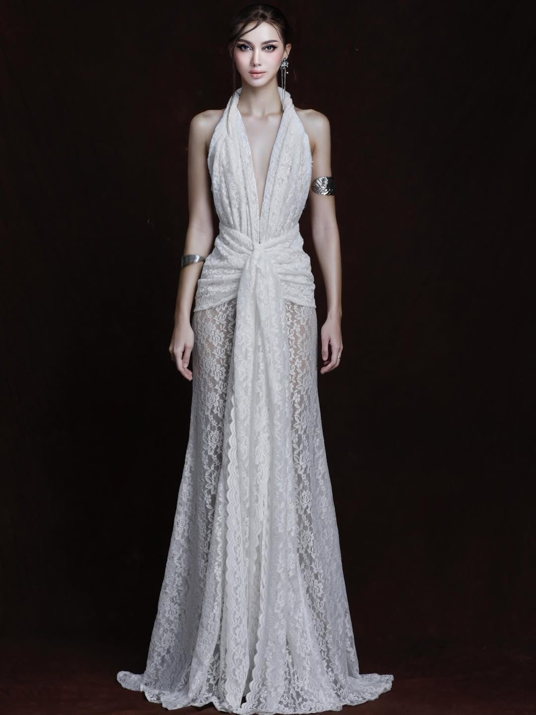 Cevina Plunge Neck Lace Split Maxi Dress