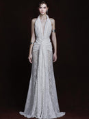 Cevina Plunge Neck Lace Split Maxi Dress