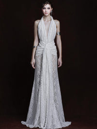 Cevina Plunge Neck Lace Split Maxi Dress