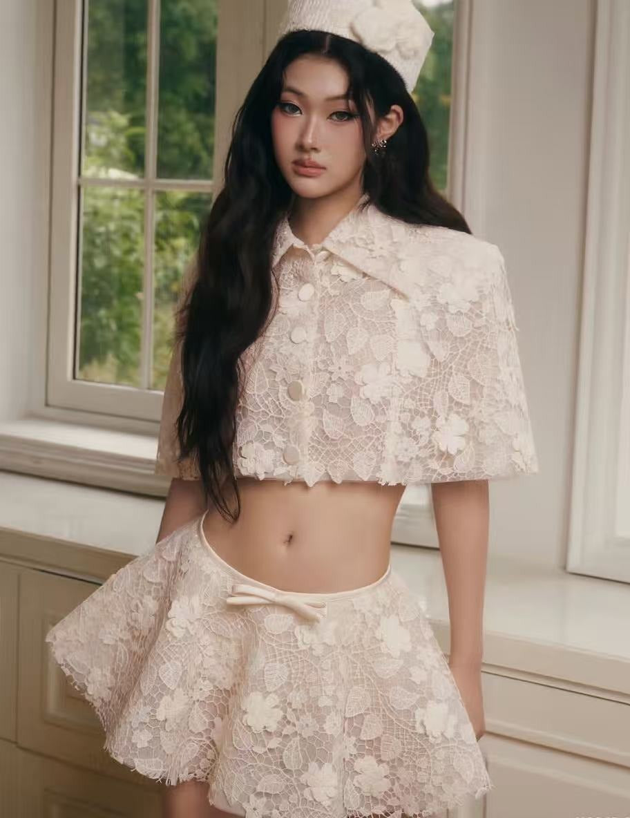 Wexler Cream Floral Embroidered Cape & Skirt Set