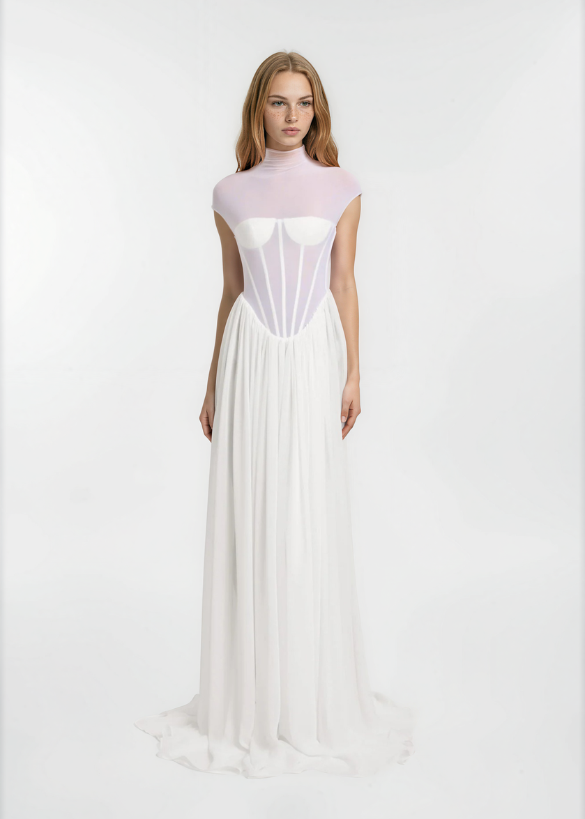 Sarayi Structured Mesh A Line Maxi Dress In White