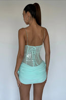 Quivyx Sequin Floral Draped Corset Mini Dress In Green