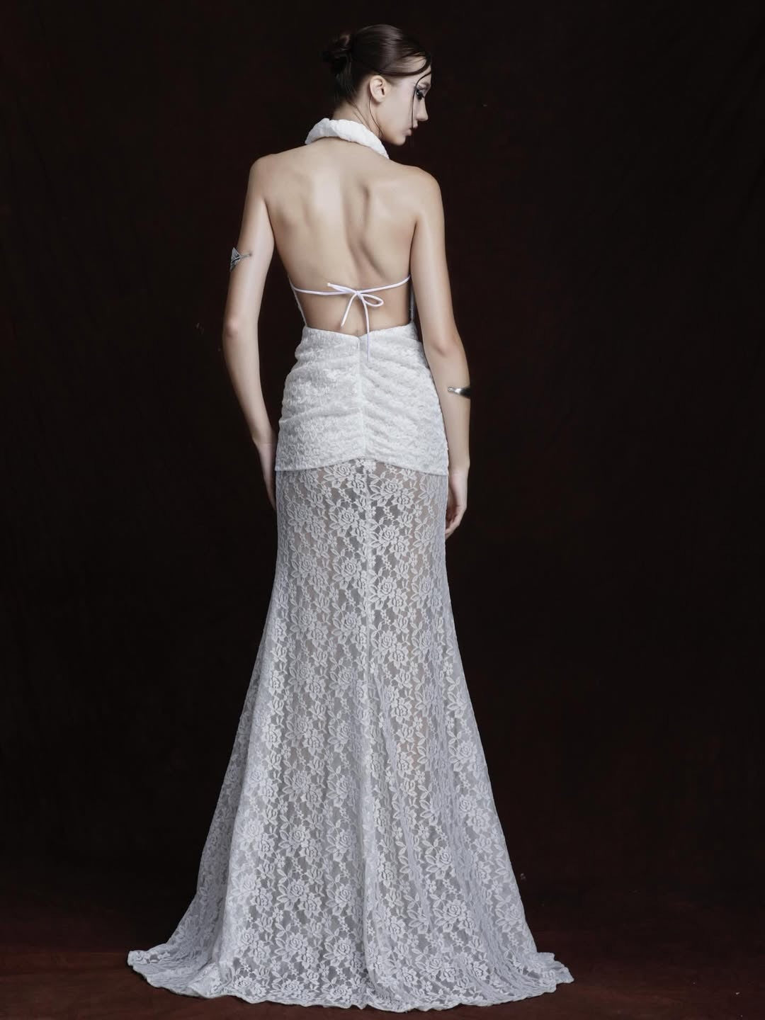 Cevina Plunge Neck Lace Split Maxi Dress