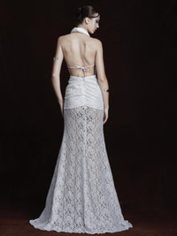 Cevina Plunge Neck Lace Split Maxi Dress