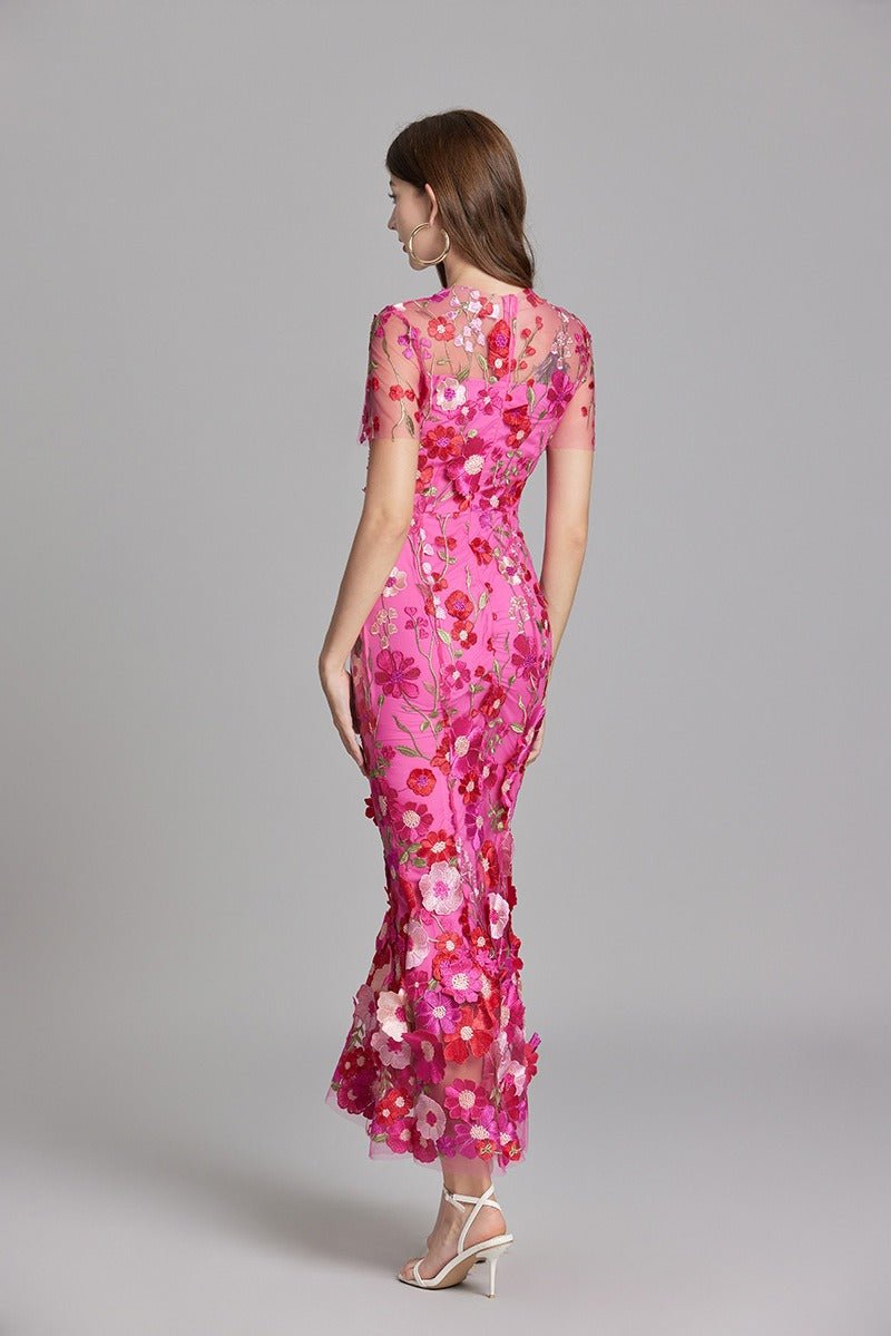 Chesley Floral Embroidery Mesh Fishtail Midi Dress In Pink