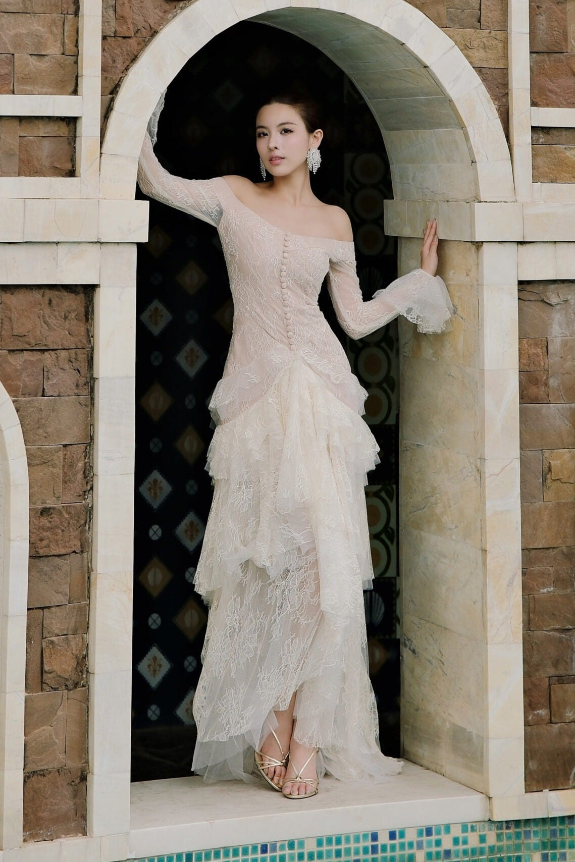 Envorik Floral Lace Ruffle Maxi Dress