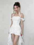 Chisato Halterneck Ruffled Draped Dress In White