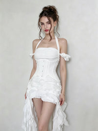Chisato Halterneck Ruffled Draped Dress In White