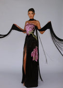 Caveris Strapless Embroidered Tassel Maxi Dress