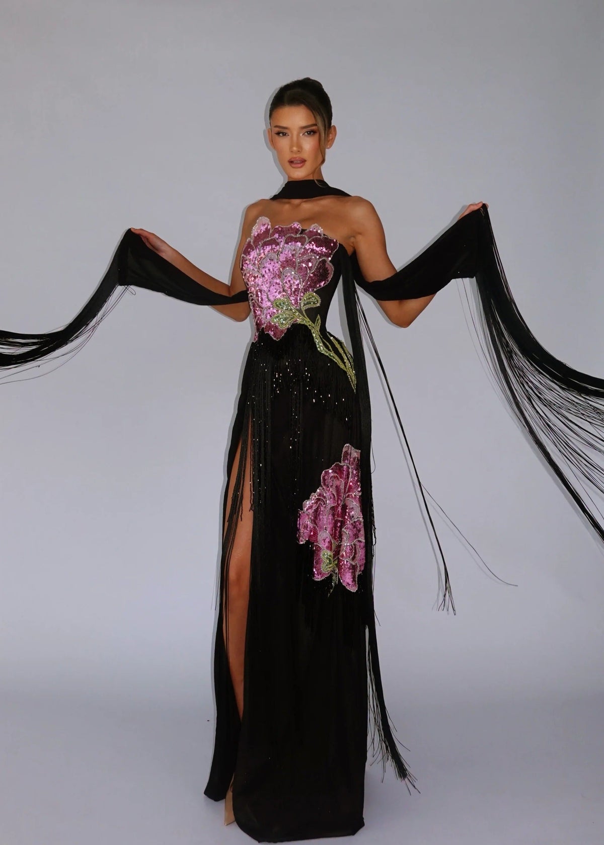 Caveris Strapless Embroidered Tassel Maxi Dress