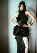 Elodia Flower High Split Mesh Maxi Dress In Black