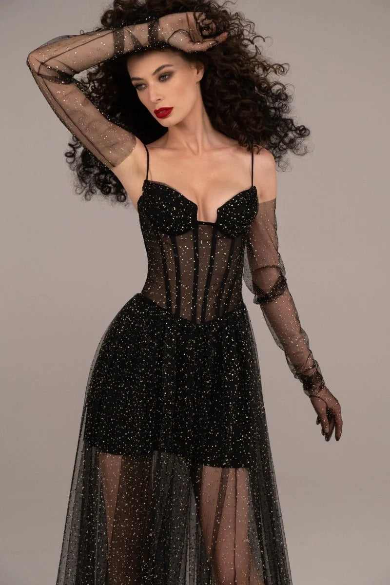 Galvain Sparkly Bustier A Line Maxi Dress In Black