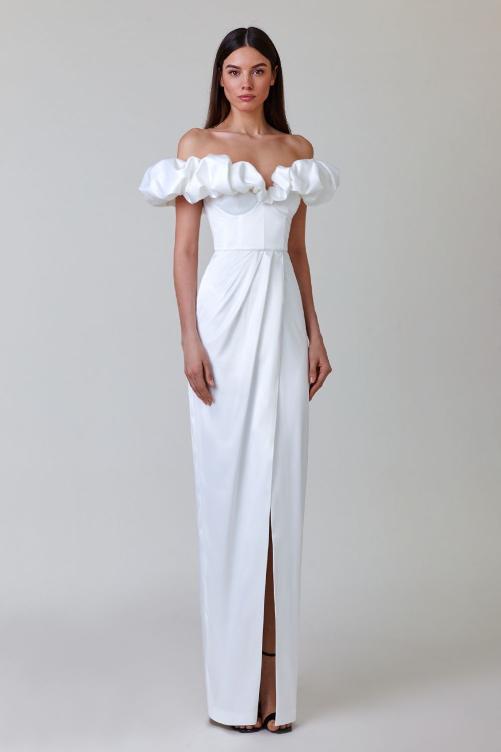 Corliss Crystal Off-Shoulder Maxi Split Dress In White