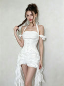Chisato Halterneck Ruffled Draped Dress In White