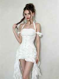 Chisato Halterneck Ruffled Draped Dress In White