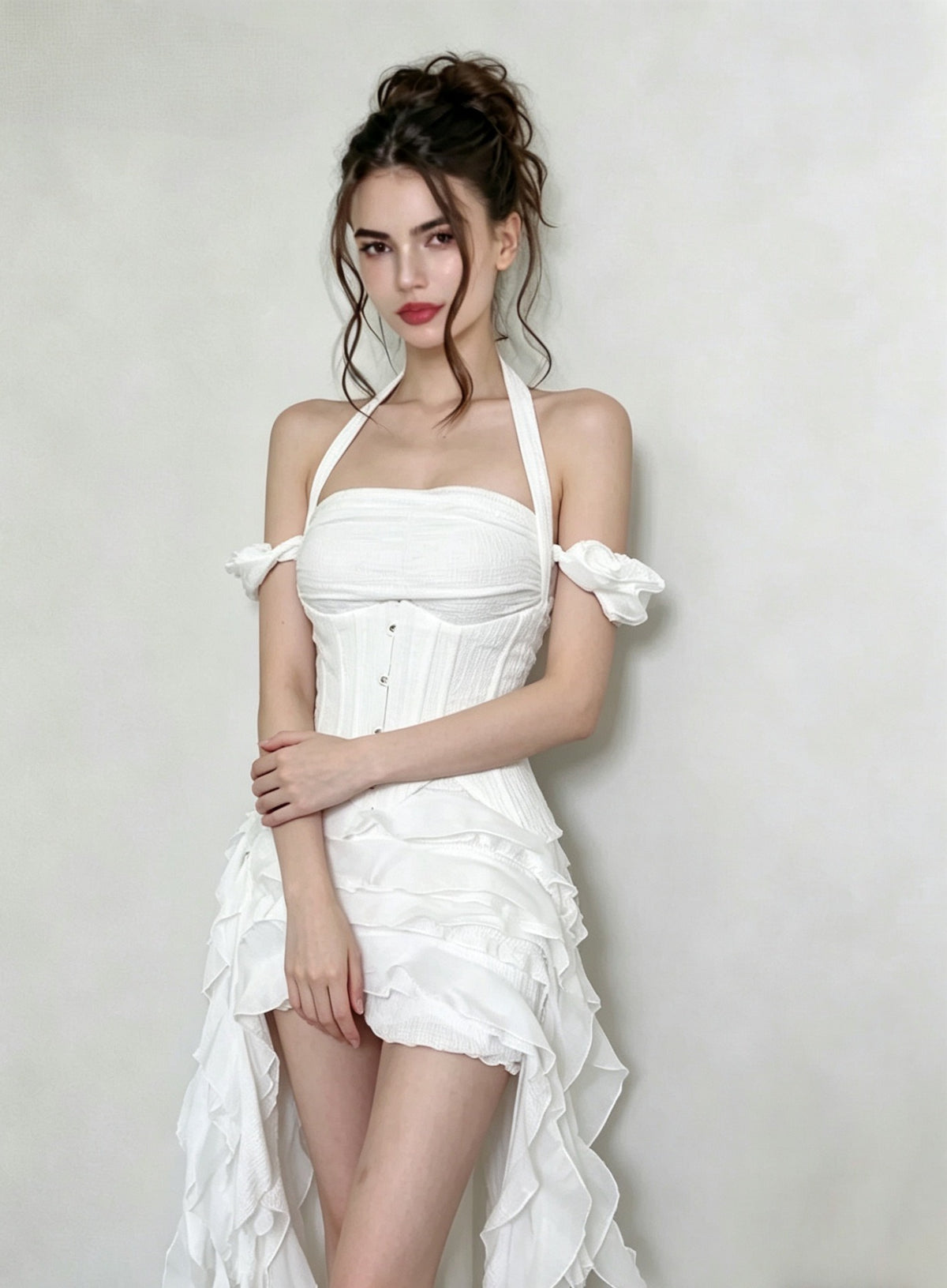 Chisato Halterneck Ruffled Draped Dress In White