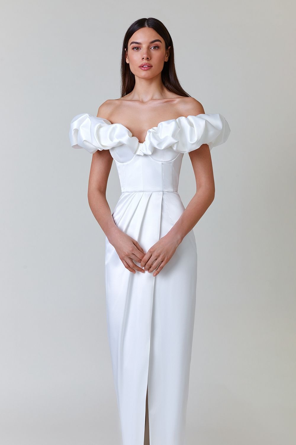 Corliss Crystal Off-Shoulder Maxi Split Dress In White