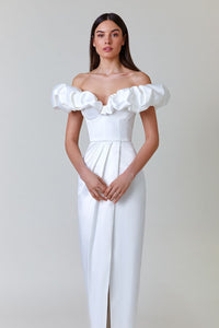 Corliss Crystal Off-Shoulder Maxi Split Dress In White