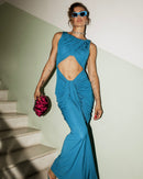 Gyxra Draped Cutout Detail Maxi Dress In Blue
