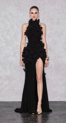 Elodia Flower High Split Mesh Maxi Dress In Black