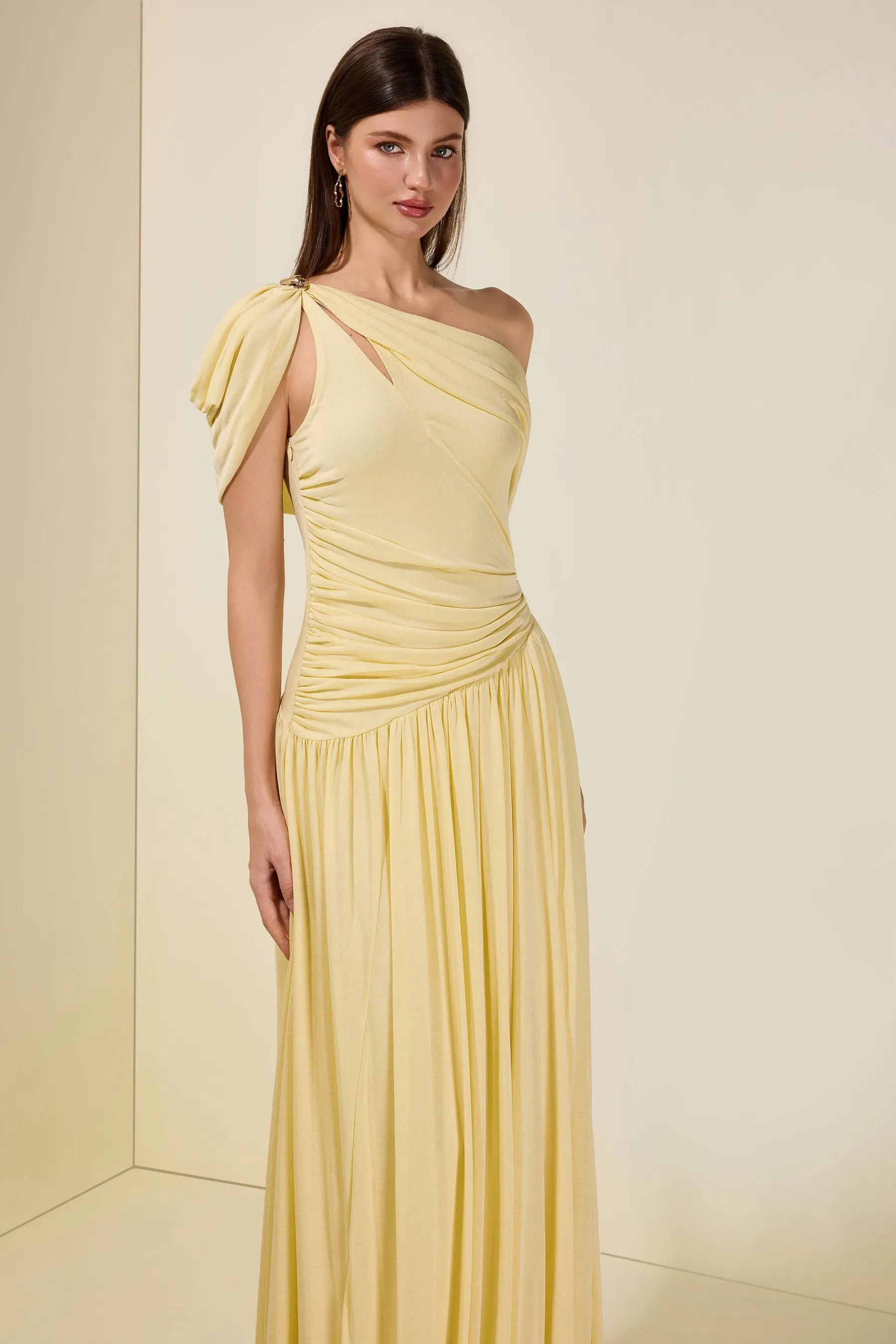 Elese Yellow Asymmetrical Gathered Maxi Dress