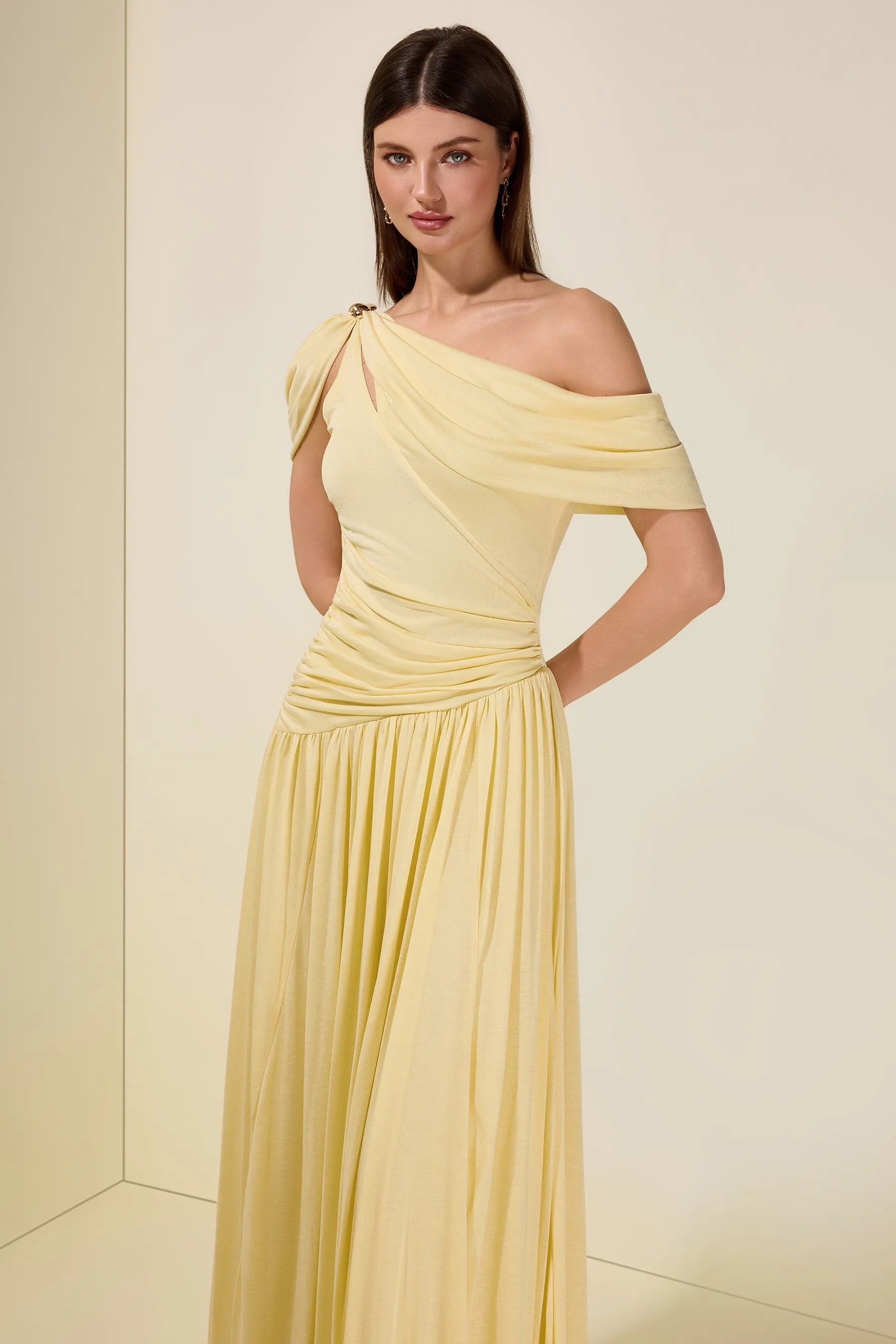 Elese Yellow Asymmetrical Gathered Maxi Dress
