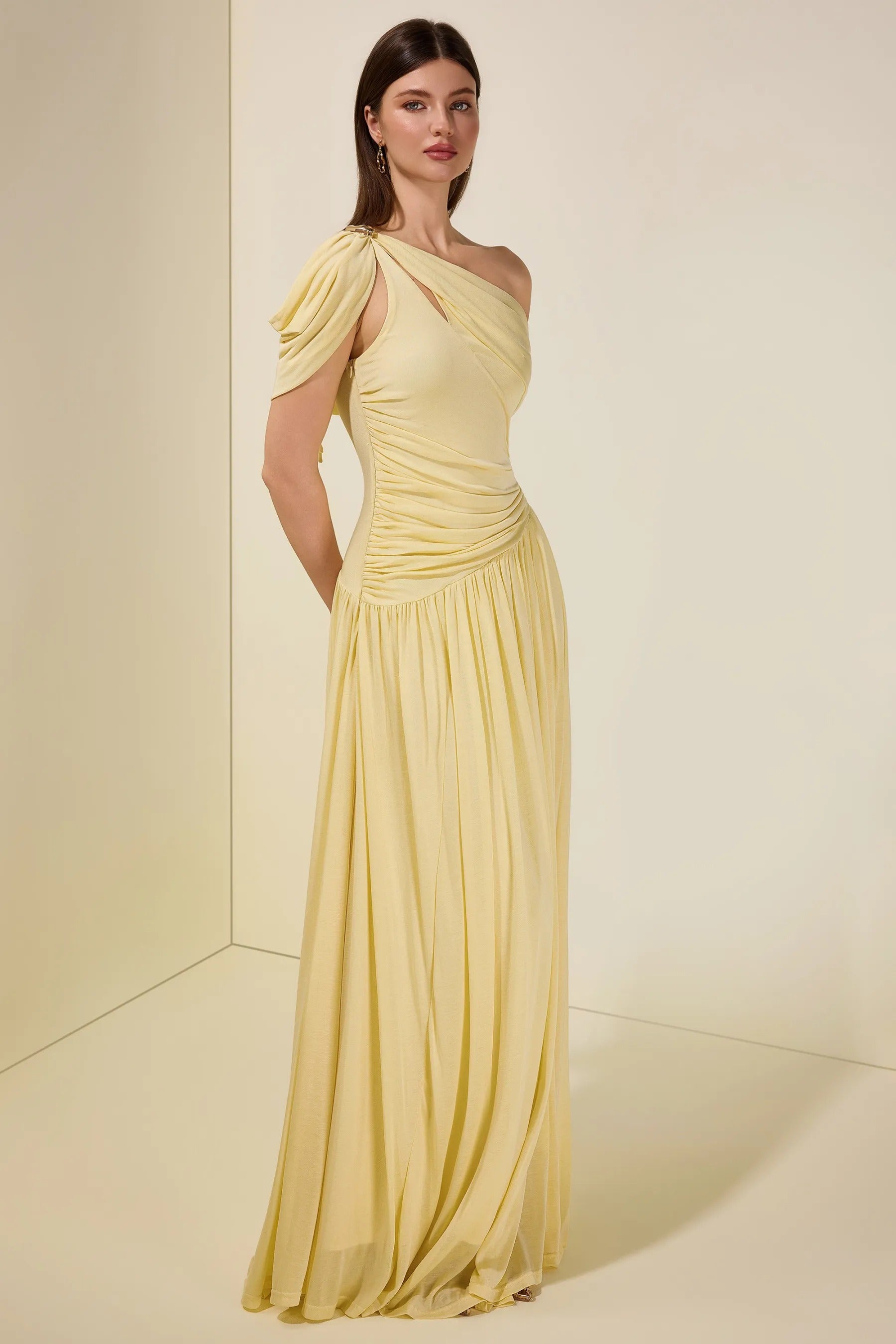 Elese Yellow Asymmetrical Gathered Maxi Dress
