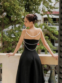 Ashur Pearl Detail A Line Midi Dress In Black