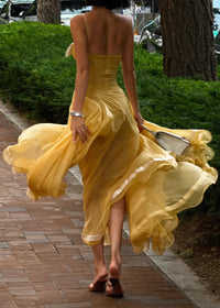 Haidi Spaghetti Mesh Ruffle Maxi Dress In Yellow