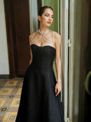 Ashur Pearl Detail A Line Midi Dress In Black