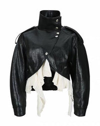 Amsvek Black High Neck Aysmmetrical Oversized Jacket