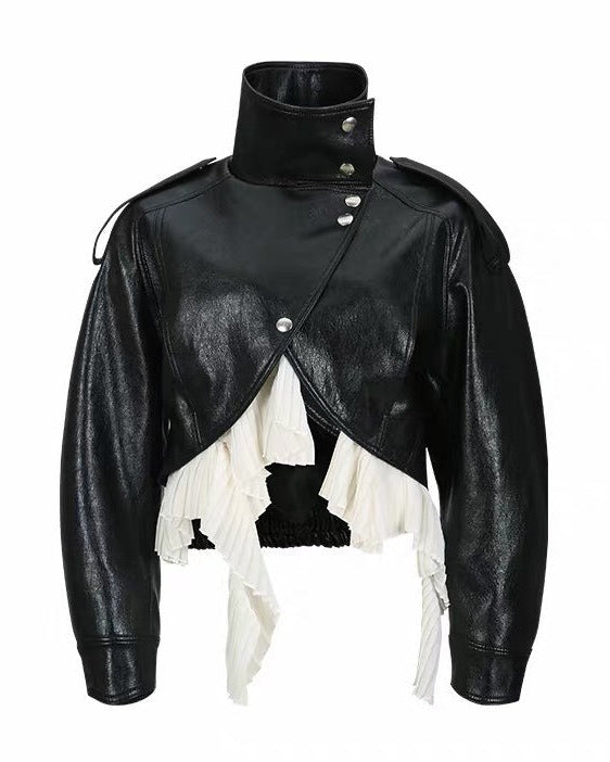 Amsvek Black High Neck Aysmmetrical Oversized Jacket
