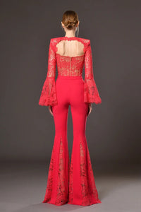 Jester Long Sleeve Crochet Two Piece Jumpsuit In Red