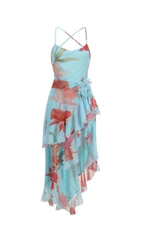 Ares Floral-Print Ruffled Silk Midi Dress In Light Blue