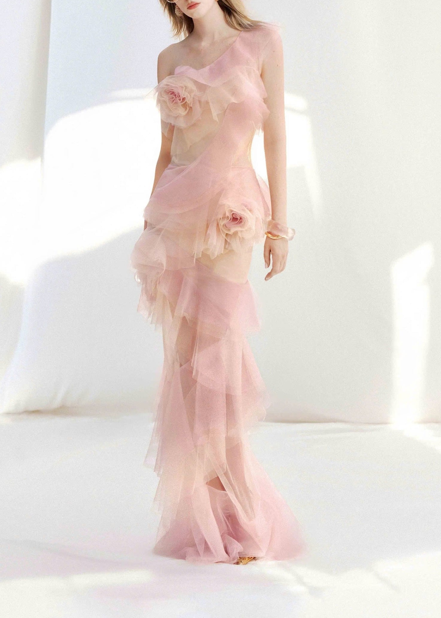 Frymet Floral-Embellished Ombré Pink Ruffled Maxi Dress